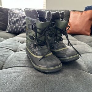 Green and Black Sorel Kids Winter Boots